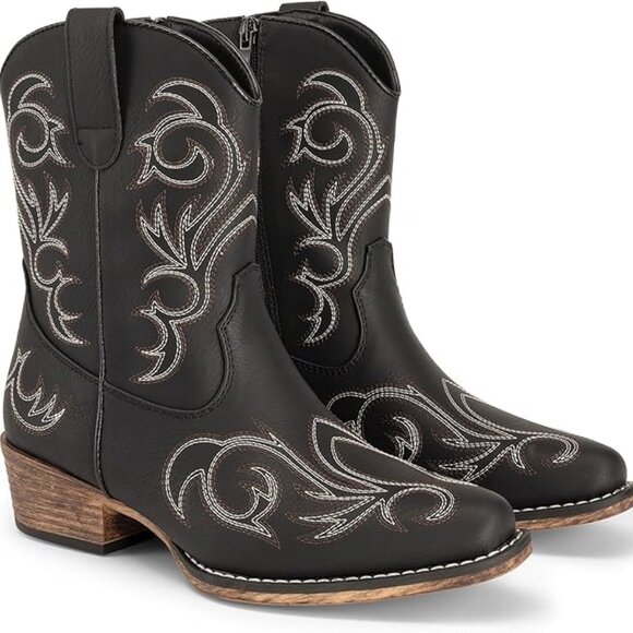 Women's Cowboy Cowgirl Western Boots Embroidered Stitched Ankle Boots Square Toe - Picture 1 of 5